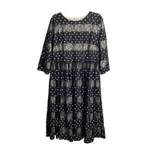 Polka Dot Lace Overlay Midi Dress - Black